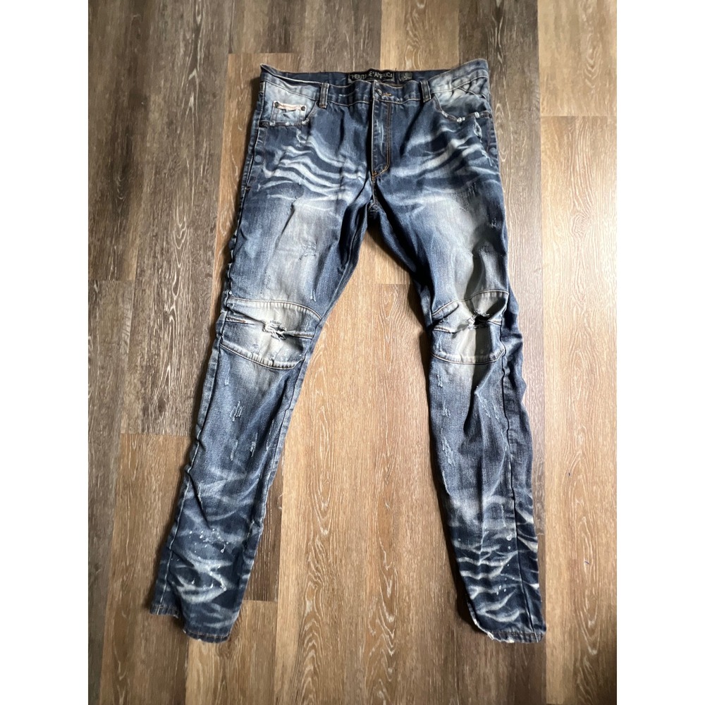 Heritage America Jeans Mens 40x34 Blue Distressed‎ Biker Moto Slim Fit Denim